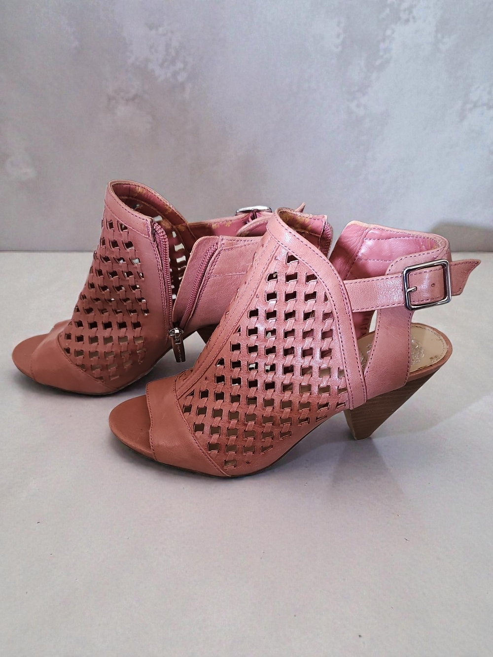Vince Camuto Dusty Pink Laser-Cut Peep-Toe Slingback Block Heels